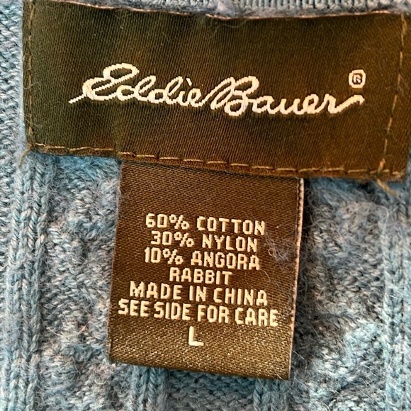 Eddie Bauer Pullover V-Neck Sweater Women’s Large Teal Cotton/Nylon/Angora Cable - Picture 2 of 12